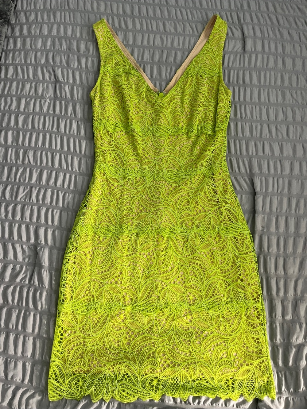 bebe Neon Lime Lace V-Neck Mini Dress